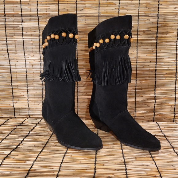 A. J. VALENCI Black Suede Fringe Beads Boots Almond Toe Stacked Heel - Picture 3 of 5